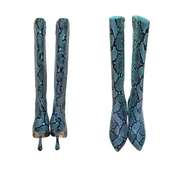 Snakeskin Pattern Knee-High Boots - Blue - Picture 2 of 4
